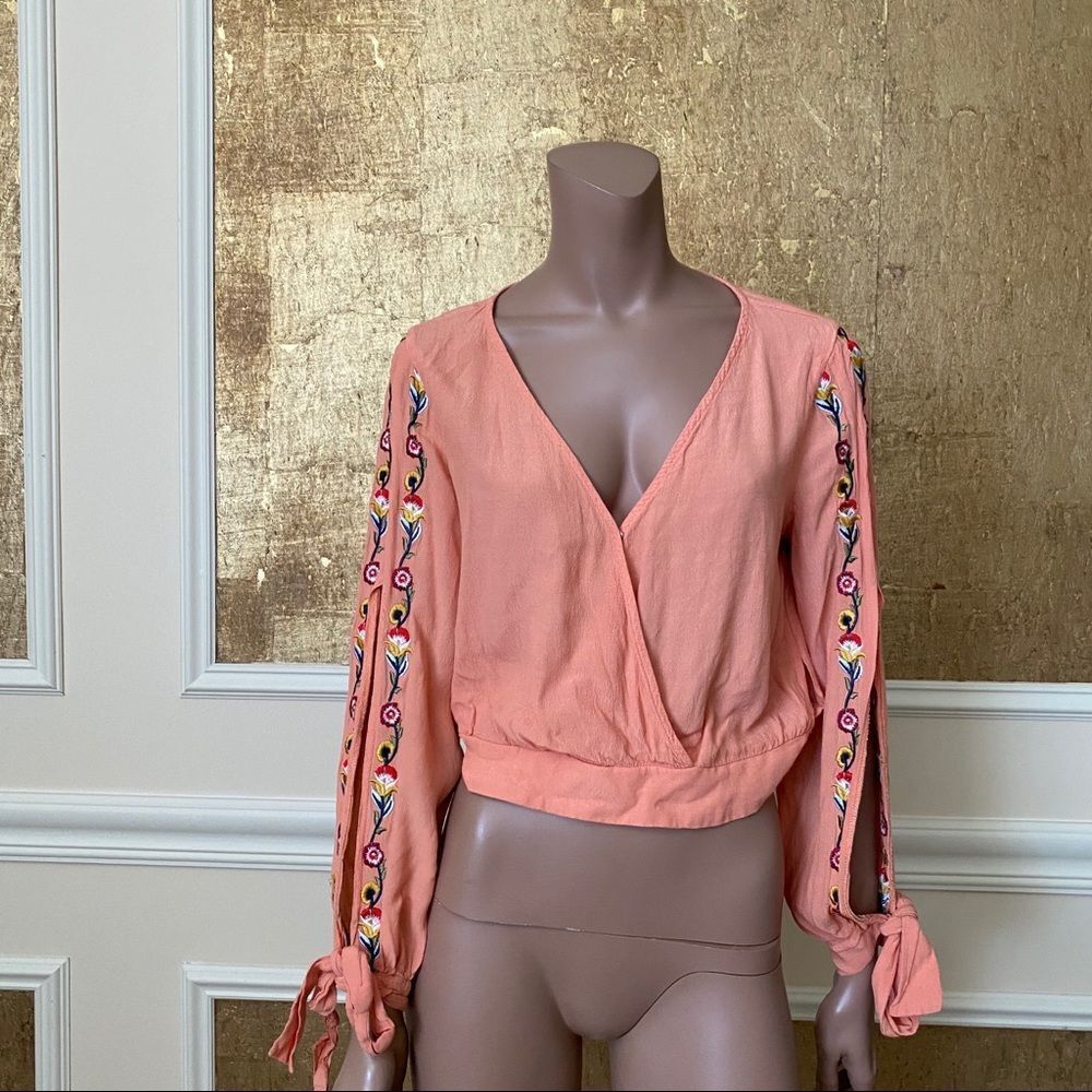 MOCHA peach embroidered crop wrap top L